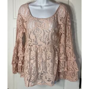 Suzanne Betro Pink Sheer Lace Babydoll Top With Tiered Lace Sleeve L